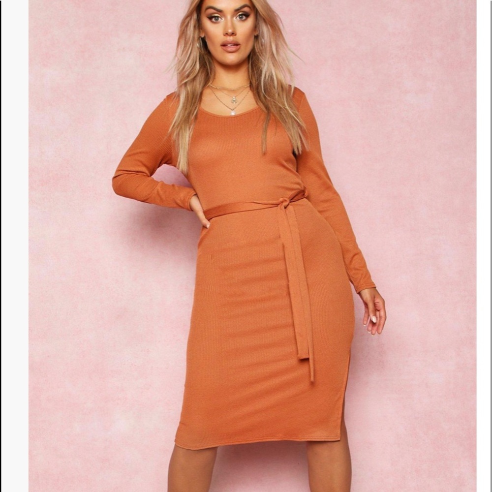 Recycled Tie Waist Rib Midi Dress